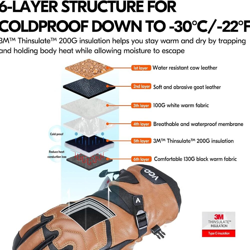 Leather Warm Ski Gloves - Picture 5 of 7